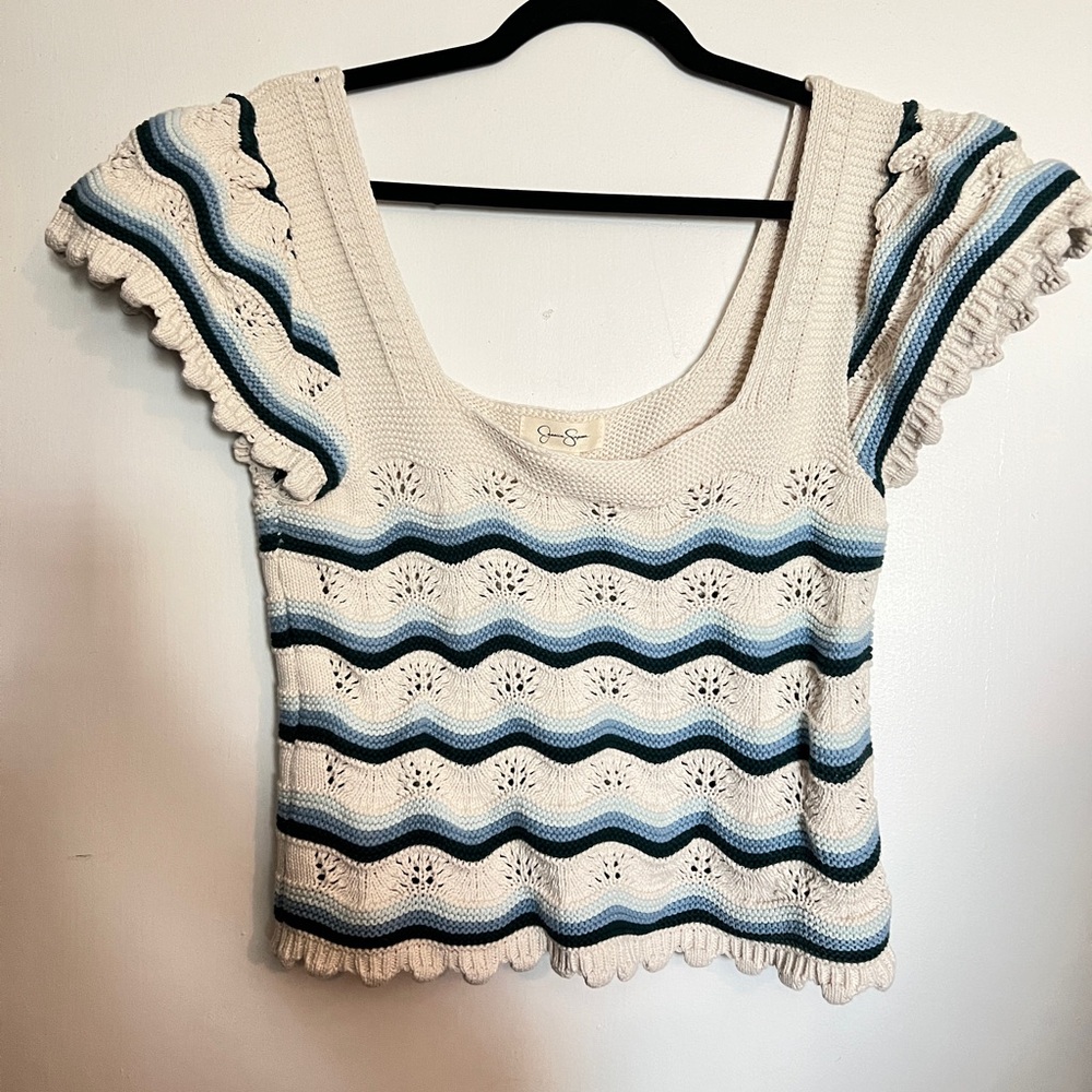 Jessica Simpson Cream Crochet Striped Square Neck Crop Top